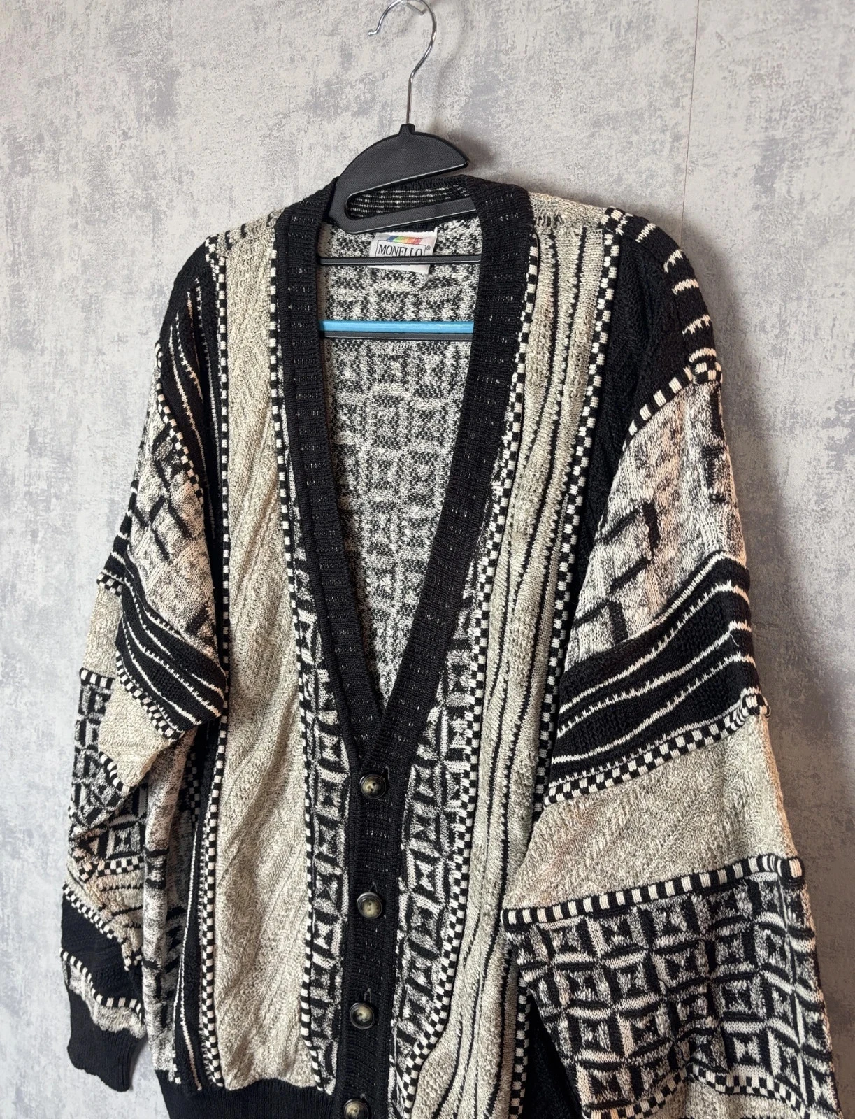 Vintage Monello cardigan Coogi style black beige / 3D geometric pattern cotton, size L – photo 2